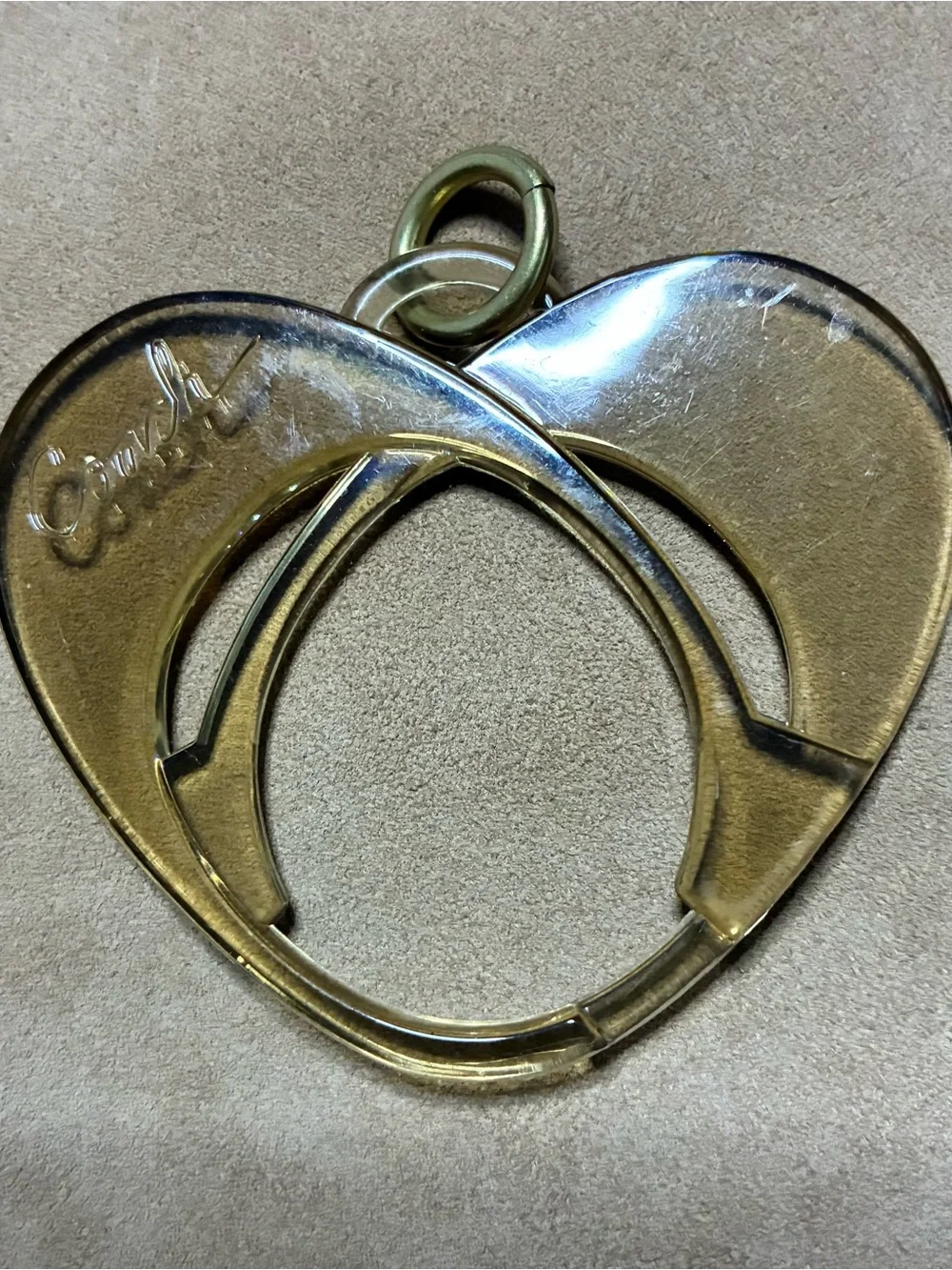 COACH Beige Leather Keychain with Gold Heart Charm